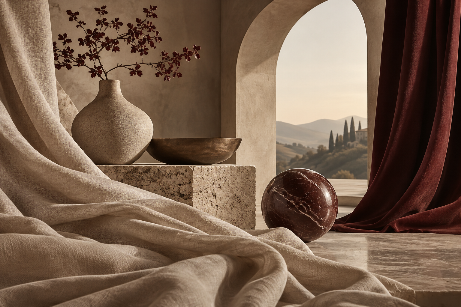 warm taupe fabric folds and architectural arch with burgundy accent, luxury accessories editorial abstract, no bags